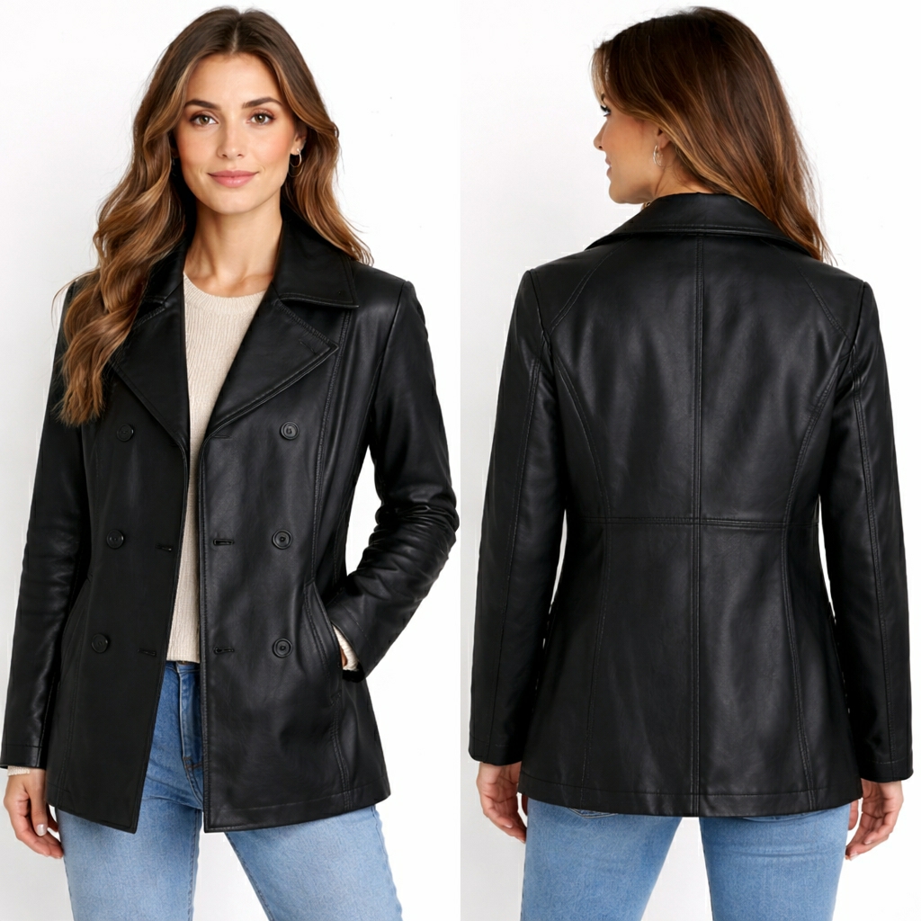 Xoe New York Black Leather Double Breasted Jacket Coat Size Xs